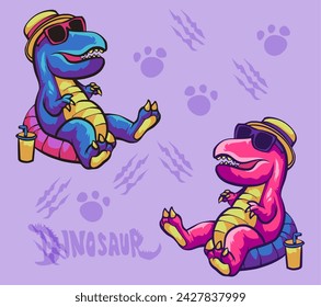 dinosaur vector illustration, cute dino character relaxing in summer, using hat and glasses. with two color concepts, isolated vector design, suitable for printing on t-shirts, apparel, stickers