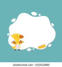 Dinosaur. Vector illustration of a dino with a blot frame in simple cartoon hand-drawn style. Template for your text or photo. Ideal for cards, invitations, party, kindergarten, preschool and children