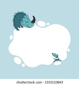 Dinosaur. Vector illustration of a dino with a blot frame in simple cartoon hand-drawn style. Template for your text or photo. Ideal for cards, invitations, party, kindergarten, preschool and children