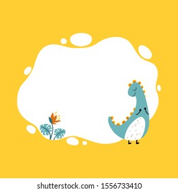 Dinosaur. Vector illustration of a dino with a blot frame in simple cartoon hand-drawn style. Template for your text or photo. Ideal for cards, invitations, party, kindergarten, preschool and children