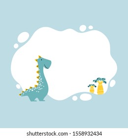 Dinosaur. Vector illustration of a dino with a blot frame in simple cartoon hand-drawn style. Template for your text or photo. Ideal for cards, invitations, party, kindergarten, preschool and children