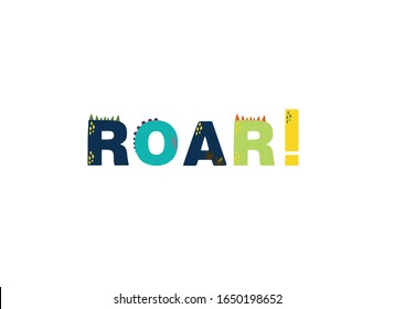 Dinosaur vector illustration in flat cartoon scandinavian style with ROAR lettering. Childish design for birthday invitation or baby shower, poster, clothing, nursery wall art and card.