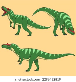 dinosaur vector illustration, green allosaurus on orange background