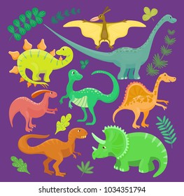 Dinosaur vector kid hand drawn cartoon style collection set illustration. Dino reptile cute monster funny animal and prehistoric character tyrannosaurus, brontosaurus, triceratops fantasy dinosaurs