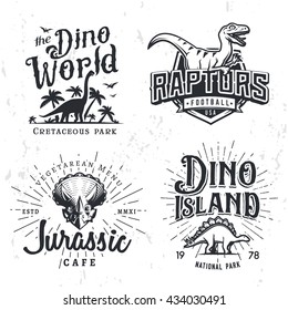 Dinosaur Vector Logo Set. Triceratops t-shirt illustration concept. Raptors college sport team insignia design template. Vintage Jurassic Period labels. Theme park badges collection