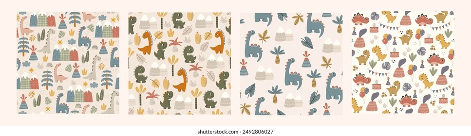 Dinosaur vector seamless pattern. Children's collection includes cute dinosaurs, palm trees, volcanoes and various elements. Dino baby. Colorful cute baby illustration.