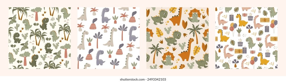 Dinosaur vector seamless pattern. Children's collection includes cute dinosaurs, palm trees, volcanoes and various elements. Dino baby. Colorful cute baby illustration.