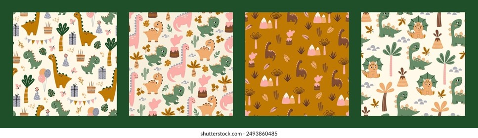 Dinosaur vector seamless pattern. Children's collection includes cute dinosaurs, palm trees, volcanoes and various elements. Dino baby. Colorful cute baby illustration.