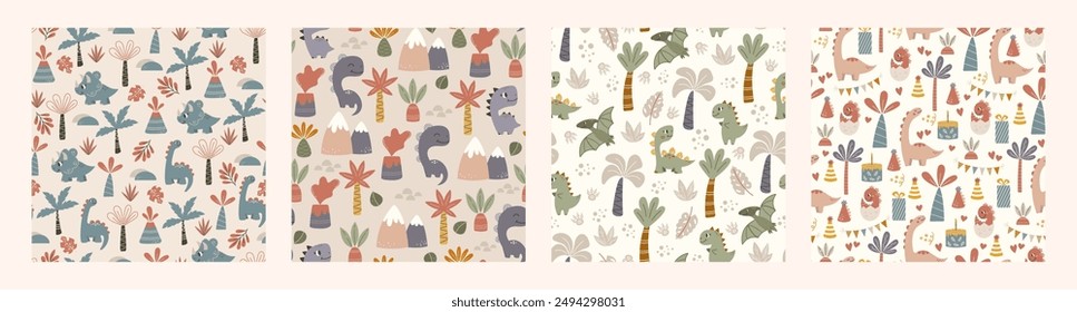 Dinosaur vector seamless pattern. Children's collection includes cute dinosaurs, palm trees, volcanoes and various elements. Dino baby. Colorful cute baby illustration.