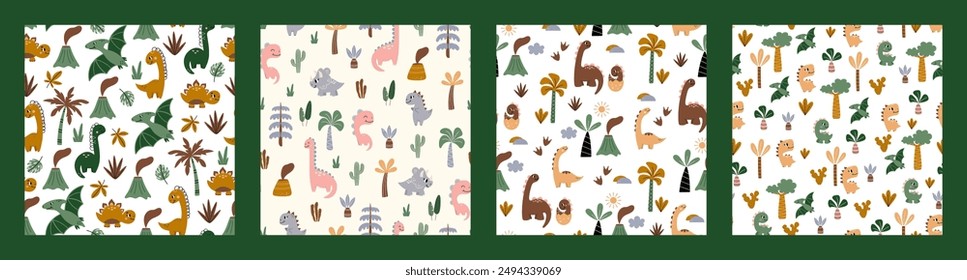 Dinosaur vector seamless pattern. Children's collection includes cute dinosaurs, palm trees, volcanoes and various elements. Dino baby. Colorful cute baby illustration.