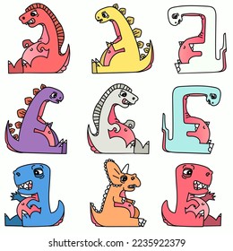 Dinosaur vector set in cartoon style. Tirex, diplodocus, triceratops. Pattern background for print. Colorful cute baby illustration perfect for kids room wallpaper. Comic cute colorful stickers.