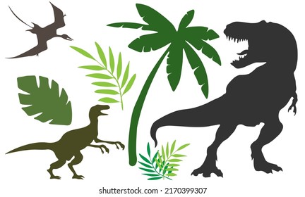 Dinosaur vector set. Trees, leaves, silhouettes, icons, natural plants, historical concepts and extinct animals. (Jurassic dinosaur) logo, symbol, isolated on white background