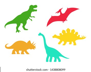 Dinosaur vector silhouettes - T-rex, Brachiosaurus, Pterodactyl, Triceratops, Stegosaurus. Cute flat dinosaurs isolated on white background