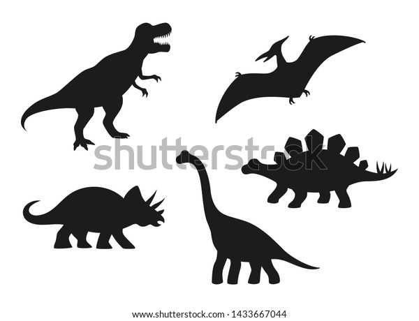 恐竜のベクター画像シルエット Tレックス ブラキオサウルス プテロダクチル トリケラトプス ステゴサウルス 白い背景にかわいい平たい恐竜 のベクター画像素材 ロイヤリティフリー
