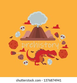 Dinosaur vector tyrannosaurus rex cartoon character dino and attacking jurassic tyrannosaur illustration backdrop of ancient animal volcano meteorite scull background.