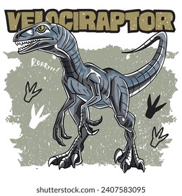 dinosaurio velociraptor, Angry dinosaur roaring Ilustración, ilustración vectorial para impresión, ilustración para niños, fondo de grunge, raptor