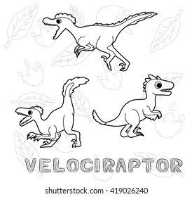 Dinosaur Velociraptor Cartoon Vector Illustration Monochrome