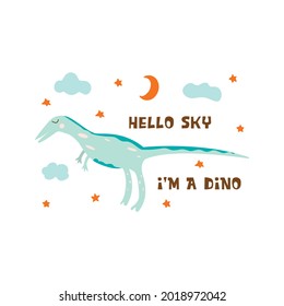 Dinosaur Velociraptor. Childrens print or poster. Hello sky. Large extinct ancient carnivorous reptile, Jurassic. Colorful vector isolated illustration hand drawn. Cute blue dino jumping