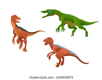 Dinosaur is a velociraptor and Deinonychus vector illustration of a prehistoric predatory dinosaur isolated on a white background.three dinosaurs, side view, profile.Cartoon style illustration