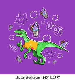 Dinosaur velociraptor shows EXCELLENT thumbs up, smiling in sunglasses and a T-shirt, on a purple background, around a two-color ice cream with a waffle, WOW and HOT lettering with a stroke