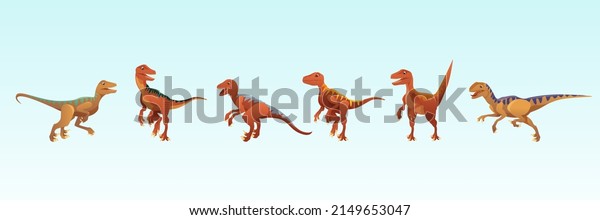 The dinosaur is a velociraptor. Vector\
illustration of a prehistoric predatory dinosaur isolated on a\
white background.Six different dinosaur poses Side view,\
profile.Cartoon style\
illustration