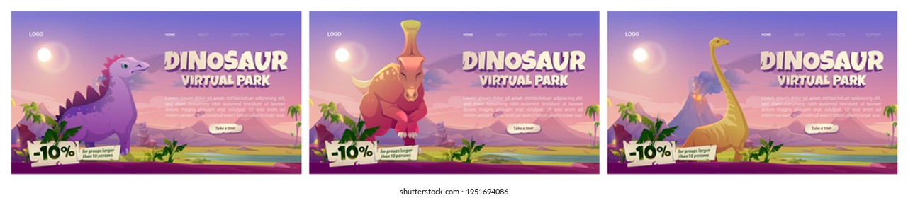 Dinosaur virtual park banners. VR technologies, augmented reality with ancient reptiles. Vector set of website templates with cartoon landscape of jurassic era with dino characters and volcano