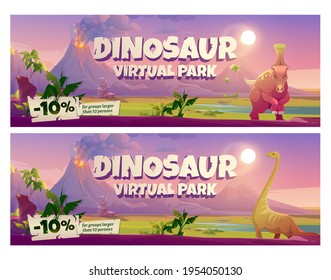 Dinosaur virtual park cartoon posters, historical online museum visit promo with discount for large groups. Educational prehistory portal, paleontology studying, exhibition service, vector flyers set