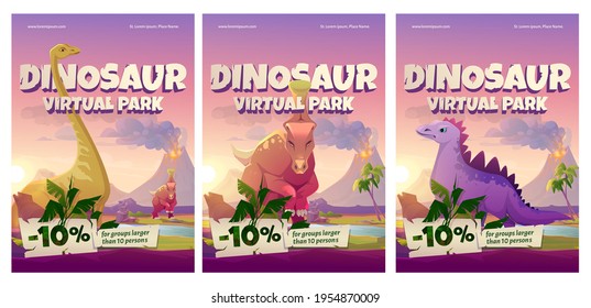 Dinosaur virtual park cartoon posters, historical online museum visit promo with discount for large groups. Educational prehistory portal, paleontology studying, exhibition service, vector flyers set