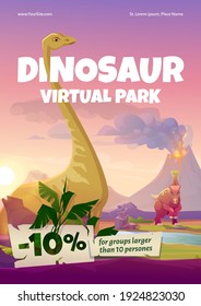 Dinosaur virtual park flyer. VR technologies, augmented reality with ancient reptiles. Vector poster with cartoon landscape of jurassic era with dino characters and volcano