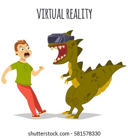 Dinosaur in virtual reality glasses has frightened man. Concept cartoon vector illustration isolated on a white background.