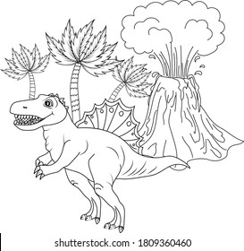 dinosaur reх with volcano and palms eps 10 vector illustrations