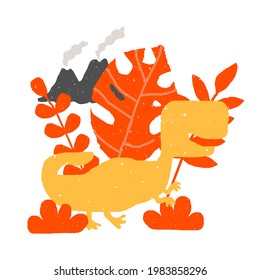 dinosaur and volcanoes on a white background. vector cute illustration