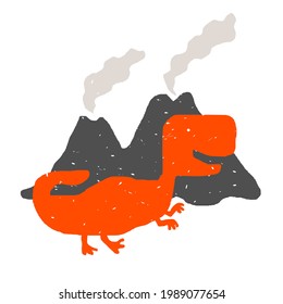 dinosaur and volcanoes on a white background. vector cute illustration