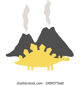 dinosaur and volcanoes on a white background. vector cute illustration