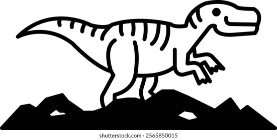 A dinosaur is walking on a rocky mountain. The dinosaur is smiling and he is happy. The image has a playful and lighthearted mood