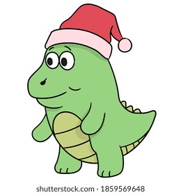 dinosaur walking wearing christmas hat. cartoon caharacter cute doodle draw