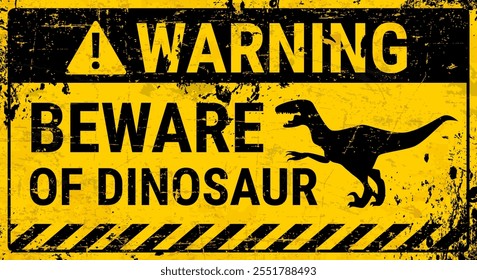 Dinossauro aviso grunge placa de sinais de metal com silhueta vetorial de velociraptor, fita amarela de cuidado e símbolo de triângulo. Cuidado com o banner ou adesivo de aviso de dinossauro com o animal de dino rugido