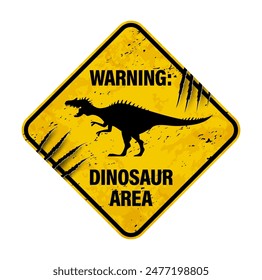 Dinosaur warning sign with claw mark scratch. Vector grungy yellow and black rhombus shaped banner with roaring Spinosaurus silhouette. Distressed cautionary message, alert signboard for dino park