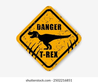 Dinosaur warning sign, claw scratch marks and vector silhouette of tyrannosaurus on grunge yellow diamond sign board. Dinosaur warning sticker, stay away or beware caution label with funny t-rex dino