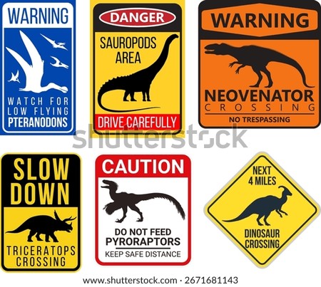 Dinosaur Warning sign Stickers Pack, vector illustration