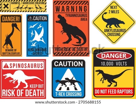 Dinosaur Warning sign Stickers Pack, vector illustration