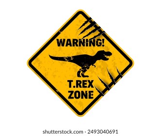 Dinosaur warning sign of T Rex danger zone caution banner, vector attention mark. T-Rex tyrannosaurus danger area yellow warning sign with dinosaur silhouette and claw scratch fissures signboard