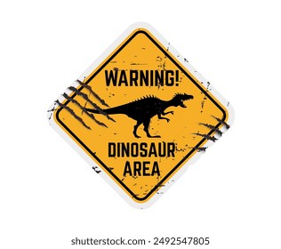 Dinosaur warning sign Vector grungy yellow and black rhombus shaped banner with roaring Spinosaurus silhouette and claw mark scratches. Distressed cautionary message, alert signboard for dino park