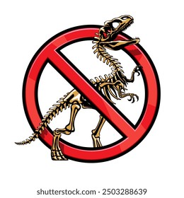 Dinosaur warning sign. Vector prohibition emblem with crossed dinosaur skeleton inside of red circle. Cautionary label for dino park area warnings, paleo museums, exhibitions or prehistoric themes