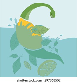 Dinosaur in the water with fruit, lemon