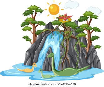 Dinosaur in waterfall forest isolated illustration