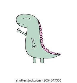 The dinosaur waves his hand in greeting. Cute illustrations for boys and girls, t-shirt prints, kids and adult design