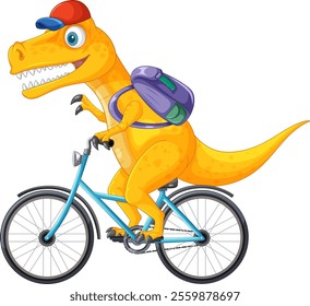 A dinosaur wearing a backpack rides a bicycle