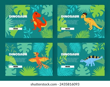 Dinosaur web design. Different types of dino on palm leaves background. Wild animals in tropical forest. Children education online paleontology site. Vector cartoon flat style isolated illustration