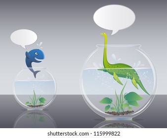 Dinosaur and a whale in a round fish tanks vector illustration